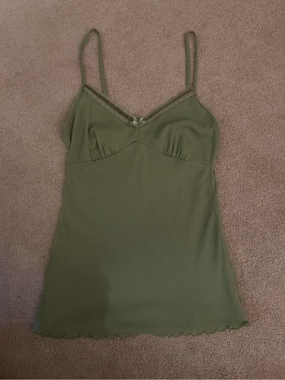 Vintage Sage Green Lace-Trim Spaghetti Strap Cami Top